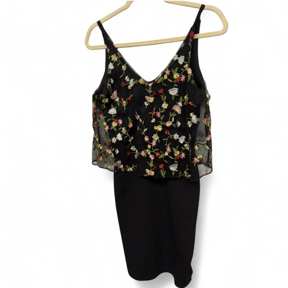 Belinda USA Black Mini Dress with Sheer Floral Embroidered Overlay - Size S - Picture 4 of 5